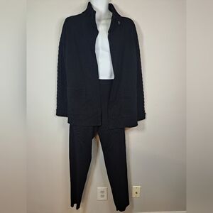 Bloomingdales Black 2 Piece Cable Knit Cardigan and Pants Set Small 100% Wool